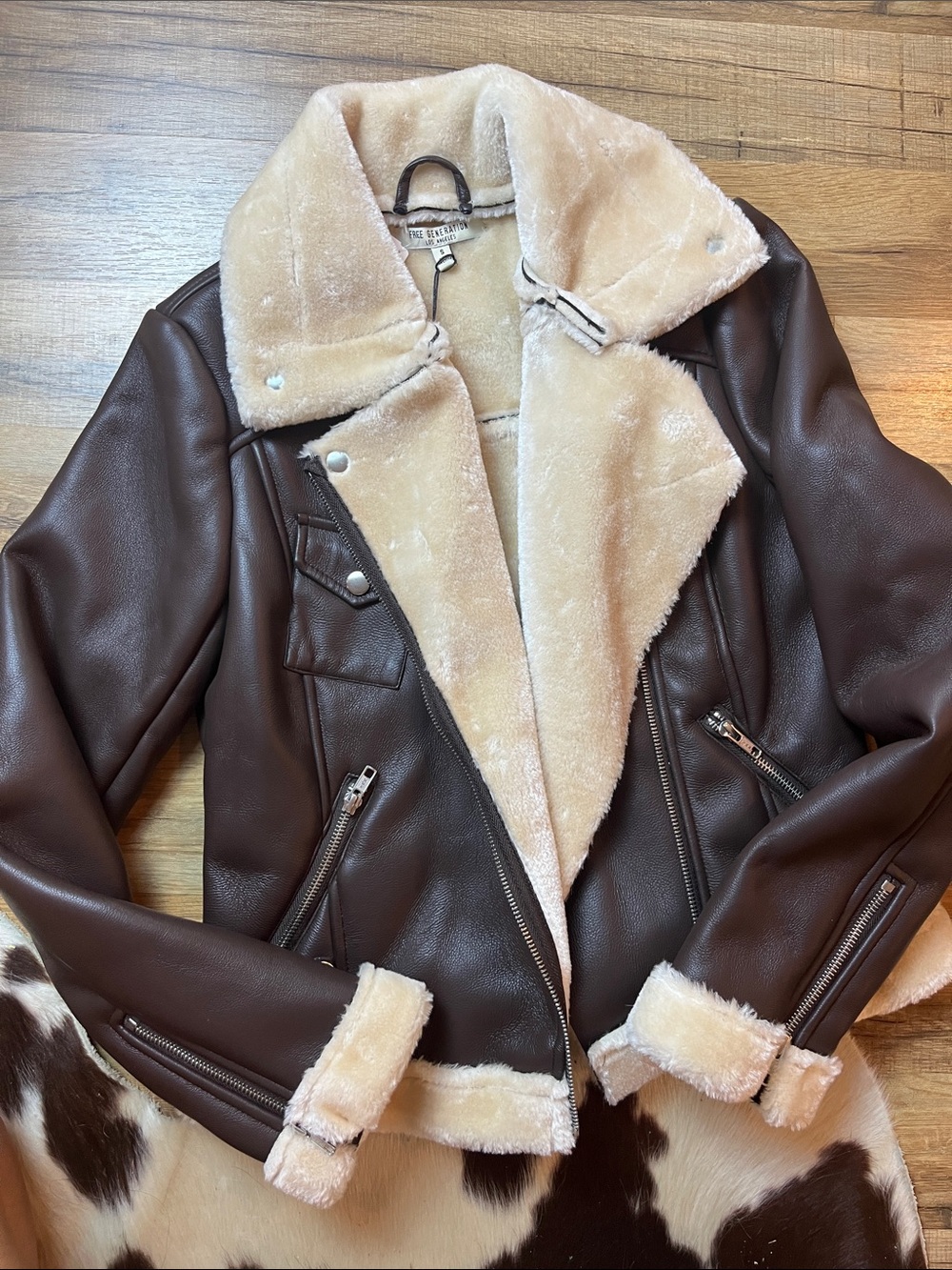 Faux Shearling Moto Jacket - Brown with Cream Trim Free Generation Neiman Marcus
